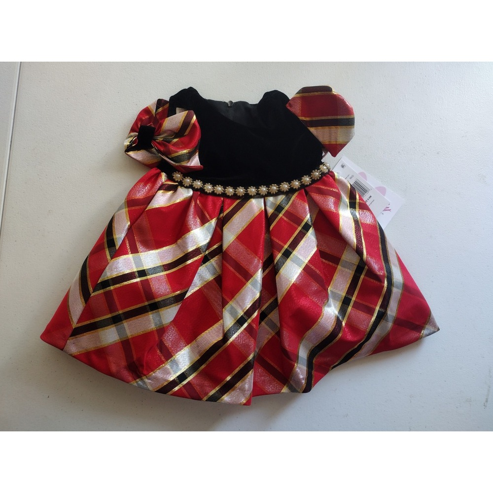 Baby Girls Dress 6-9M Red Plaid‎ Velvet Party Holiday Pearl Bow Occasion